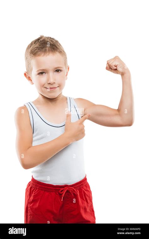 Smiling Sport Child Boy Showing Hand Biceps Muscles Strength Stock