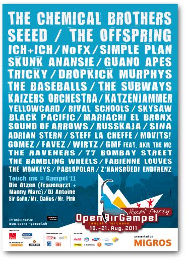 Get a festival overview including artist statistics and setlists. Open Air Gampel 2011 mit Kaizers Orchestra, Ticky u.a ...