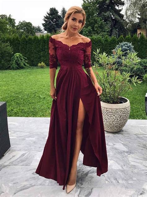 A Line Off Shoulder Half Sleeves Lace Maroon Prom Dresses With Slit O