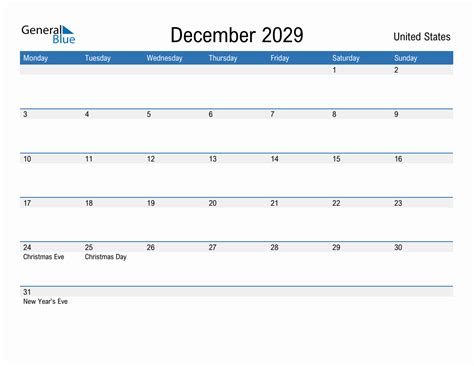 Editable December 2029 Calendar With United States Holidays