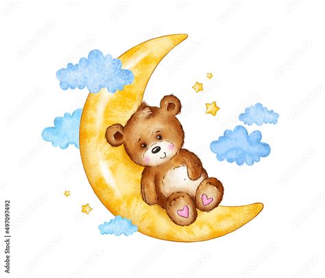 Watercolor Hand Draw Illustration Brown Teddy Bear Sleeping On The Moon