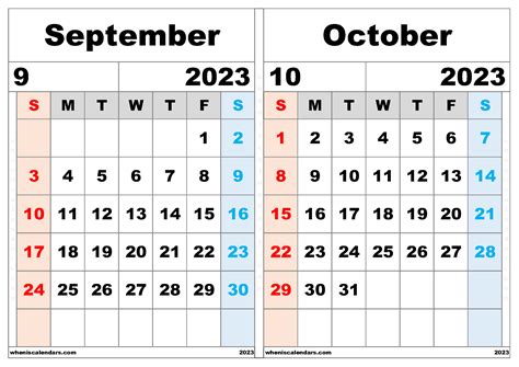 Free September October 2023 Calendar Printable Two Month On A Separate Page