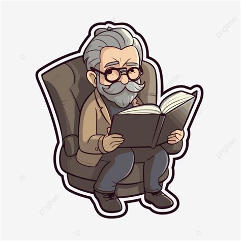 عجوز رجل ملتح يقرأ كتابًا في كرسي التوضيح Clipart المتجه تصميم الملصق