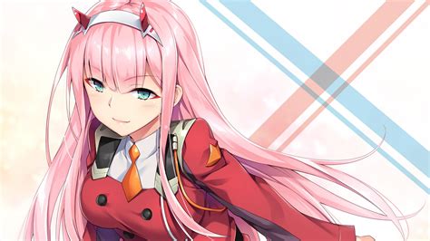 Zero two desktop wallpapers, hd backgrounds. darling in the franxx zero two with red uniform with background of white and pink and blue cross ...