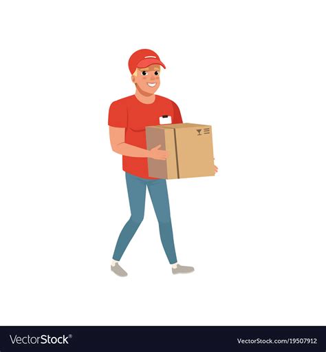 Cartoon Delivery Man Carrying Cardboard Box Vector Image