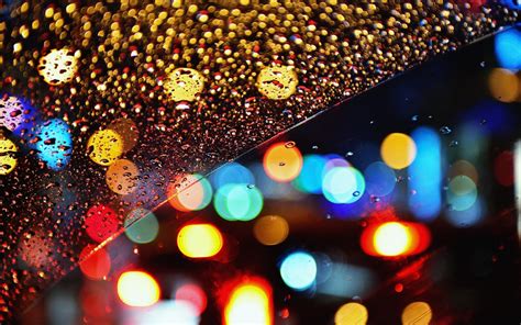 Glass Rain Drops Bokeh Lights Night Color Window