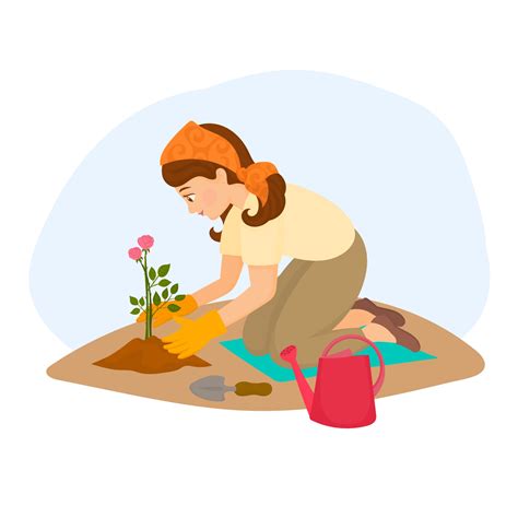 Young Woman Planting Flower In Garden 3546420 Vector Art At Vecteezy