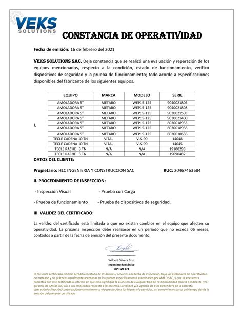 Certificado De Operatividad Maquina De Figueroa Pdf