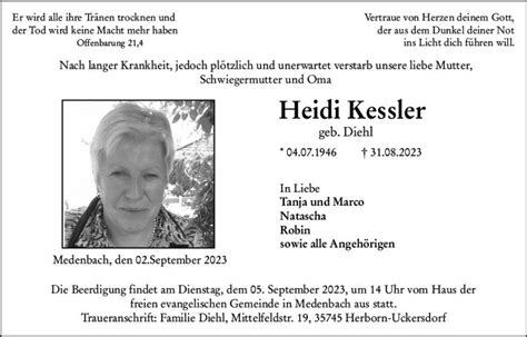 Traueranzeigen Von Heidi Kessler Vrm Trauer De