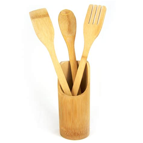 4 Pc Set Bamboo Wooden Kitchen Tools Cooking Utensil Spatula Spoon Fork