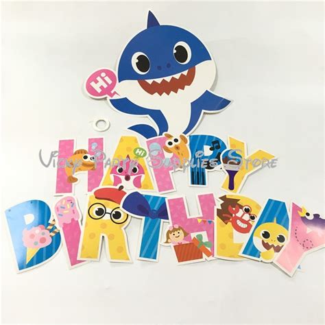 14pcslot Baby Shark Happy Birthday Banner Cartoon Shark Marine Theme