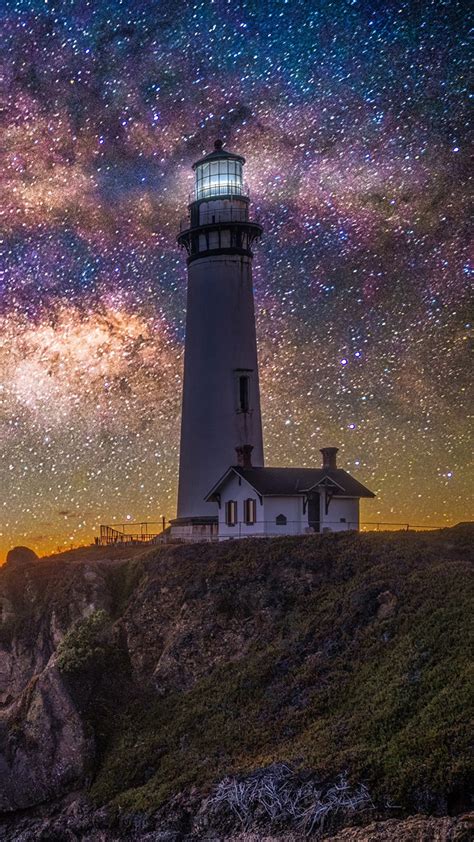 Colorful Night Starry Sky Lighthouse 4k Hd Nature Wallpapers Hd
