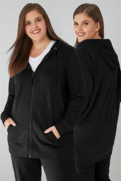 Black Zip Through Hoodie With Pockets Plus Size 16 To 36
