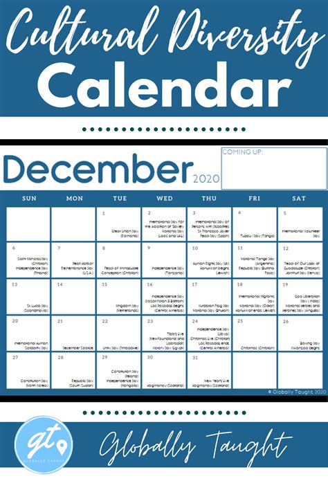 Cultural Diversity Calendar 500 World Holidays Printable Calendar
