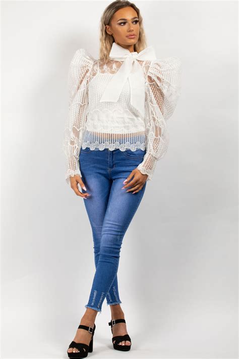 Lace Puff Sleeve Blouse With Tie Neck Uk