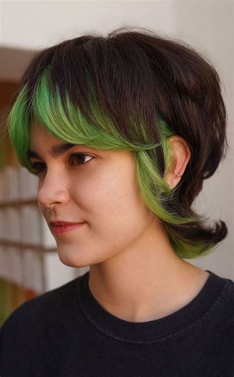 Shag Mullet Hair Cut Dark Hair With Green Ends Two Tone Hair Color Brown And Green Hair Color