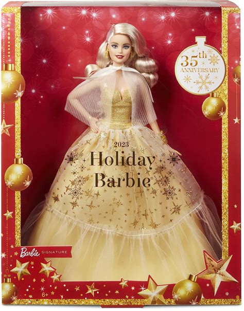 buy barbie signature doll 2023 holiday collectible with golden gown and blonde hair doll stand