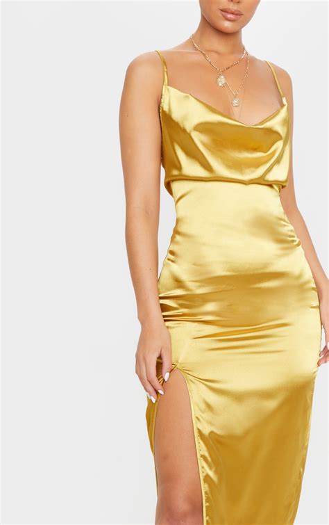 Gold Satin Midi Dress Embellish The Moment Ruched Satin Metallic Knee Length Dress In Gold Oh