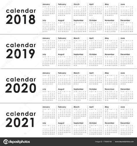 Year 2018 2019 2020 2021 Calendar Vector ⬇ Vector Image By