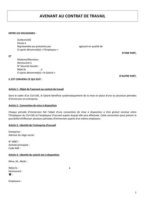 Avenant Au Contrat De Travail Doc Pdf Page 1 Sur 4