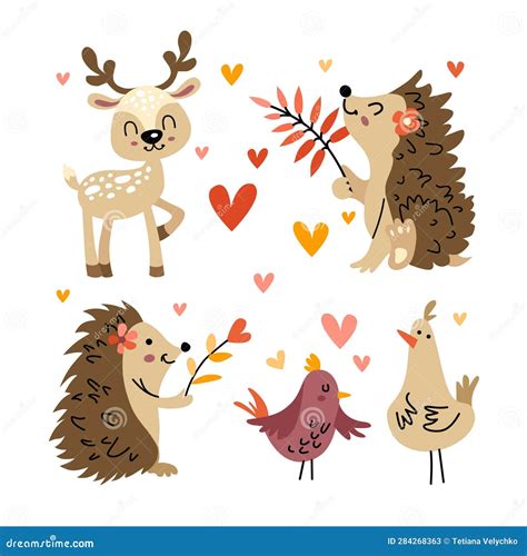 Vector Illustration Of Cute Forest Animals Including Deer Hedgehog And