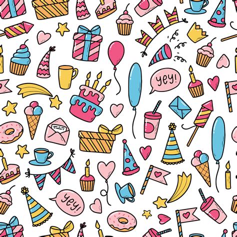 Happy Birthday Seamless Pattern With Hand Drawn Doodles For Present Wrapping Paper Wallpaper