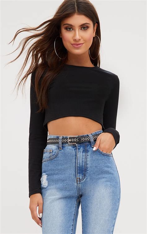 Black Ribbed Long Sleeve Crop Top Tops Prettylittlething Qa