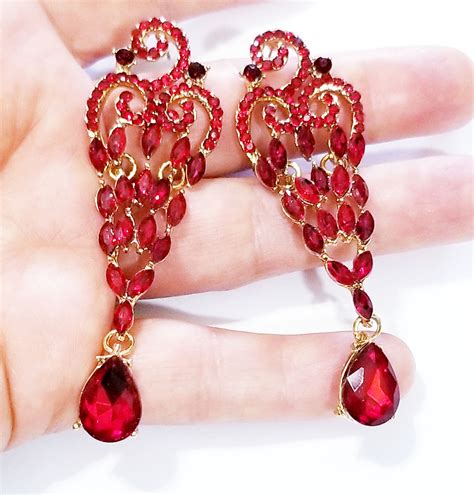 Red Bridal Chandelier Earrings Prom Rhinestone Crystal Drop Etsy In