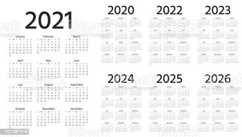 Kalender 2021 2022 2023 2024 2025 2026 2020 Jahre Vektorillustration