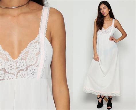 Lace Nightgown Lingerie Slip Dress 70s Maxi Boho White Pink