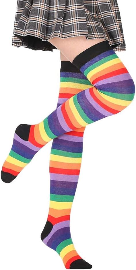 Rainbow Striped Over Knee Novelty Socks Thigh High Stockings For Women Girls Long Leg Warmer For