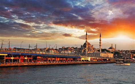 Istanbul Turkey City Sea Bridge Galata Bridge Mosque Clouds