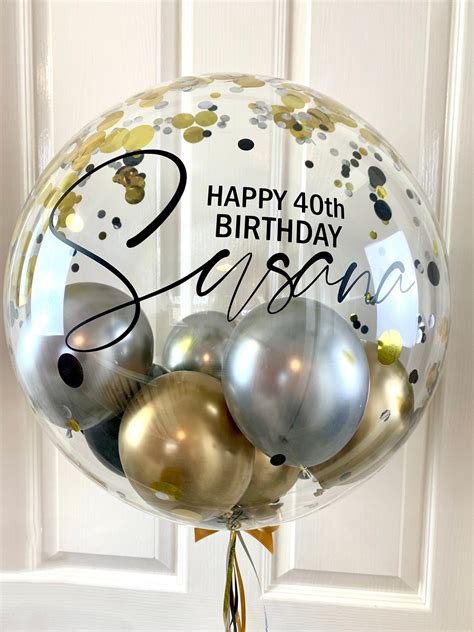 Personalised Silver Black And Gold Confetti Balloonhelium Etsy In