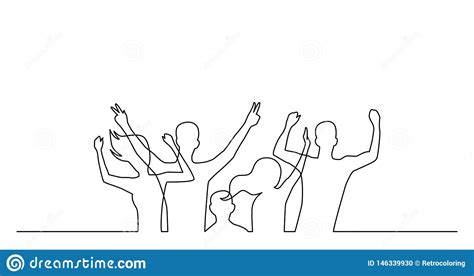 Continuous Line Drawing Of Group Of Happy Cheering Young People Stock