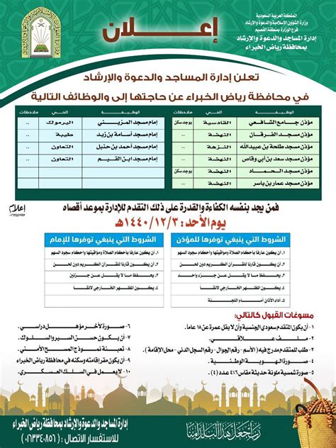 مكتب الأوقاف والشؤون الإسلامية درنة. فرع " الشؤون الإسلامية " بالقصيم يعلن عن وظائف " مؤذنين ...