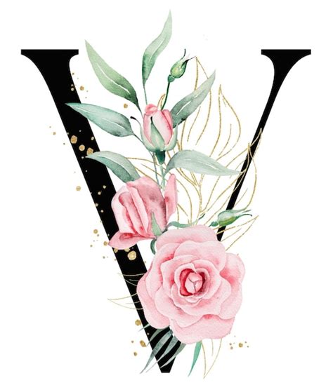 Premium Photo Black Letter V With Pink Watercolor Flowers And Green