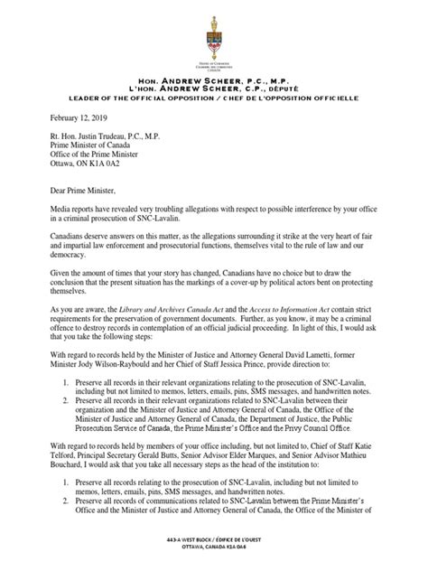 Conservative Leader Andrew Scheer S Letter To Prime Minister Justin Trudeau Privy Council Of