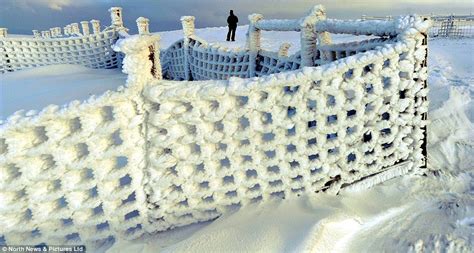 Snow Falling And Freezing On Wire Fences And Walls In The Pennines Make Ice Sculptures As The