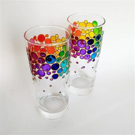 Rainbow Drinking Glasses Set Of 2 Hand Painted Floral Colorful Etsy