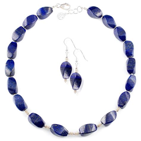 Gemstone Necklace Set Made With Twisted Lapis Lazuli And Silver