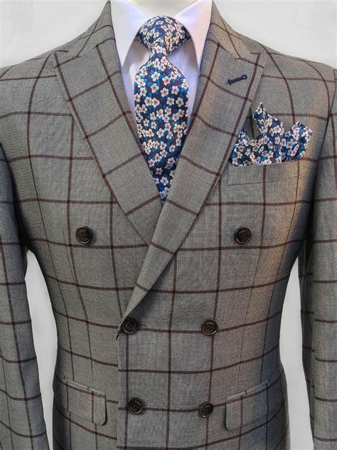 Mens Designer Tan Double Breasted 2 Piece Checked Slim Fit Suit British