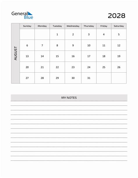 August 2028 Printable Monthly Calendar With Notes