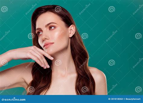 Photo Of Seductive Dreamy Woman Nude Shoulders Hand Touching Chin Empty Space Green Color
