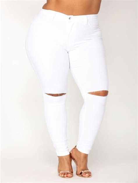 Simple White Plus Size Ripped Jeans For Women Wholesale Jeans