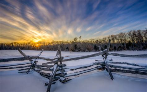 Winter Morning Snow Fence Trees Sunrise Wallpaper
