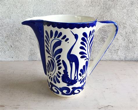 Vintage Mexican Anfora Puebla Blue Water Pitcher Blue And White