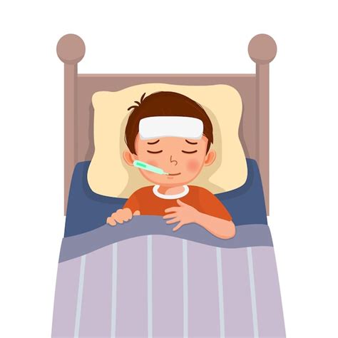 El Niño Enfermo Tiene Fiebre Alta Gripe Y Resfriado Acostado En La