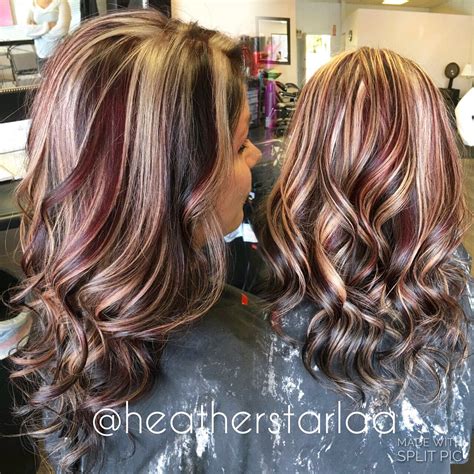 When choosing highlights for darker hair, keep in mind that the lighter you go if your client is a light redhead, they'll suit strawberry blonde, and if they're more auburn, try pumpkin spice. Dark brown with red and blonde chunky highlights. Red hair ...