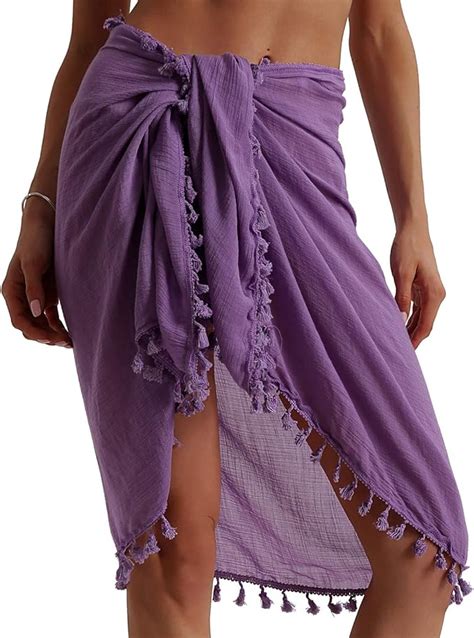 Beach Sarong Pareo Womens Linen Cotton Swimwear Cover Ups Short Skirt With Tassels Purple Short