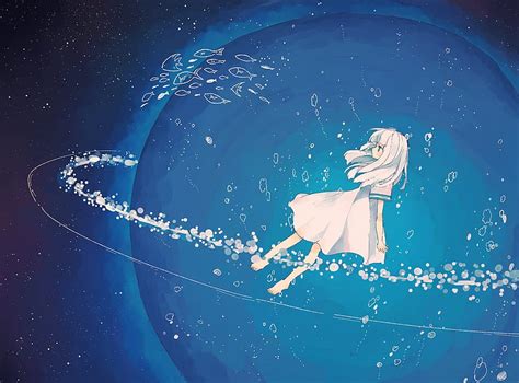 Anime Girl Floating Galaxy Stars White Dress Anime Hd Wallpaper
